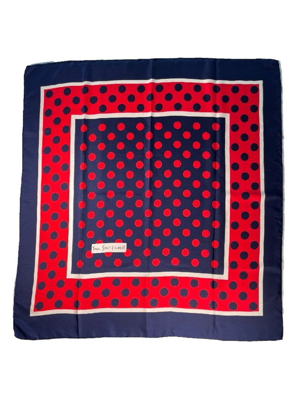 Vintage Yves Saint Laurent YSL Silk Scarf Red Navy Polka Dot Made in France 34"